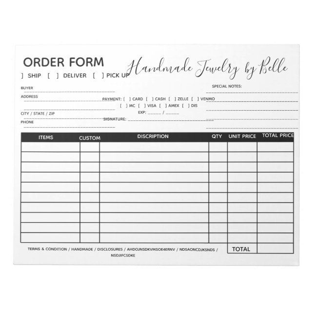 Order Form Notepad - Vendor (Front)