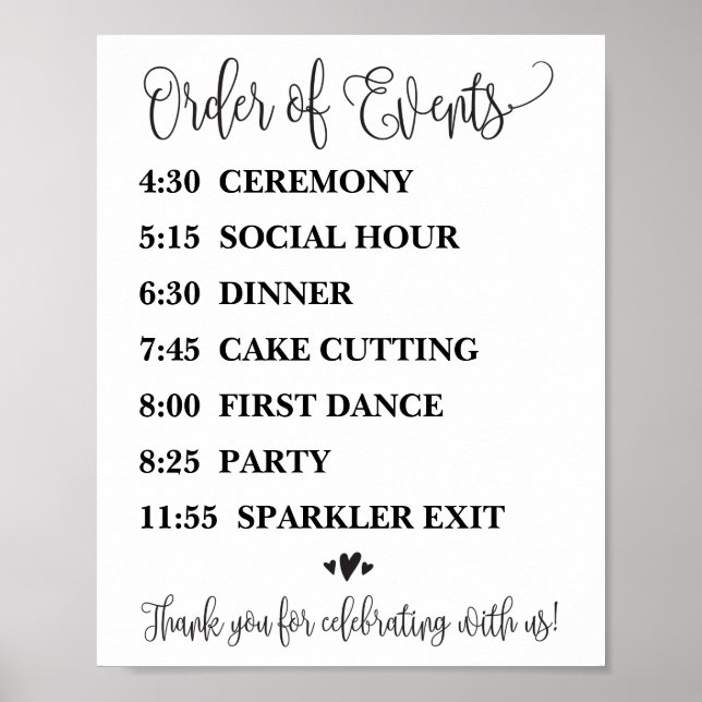 Order of Events Wedding Reception or Ceremony Sign (Front)