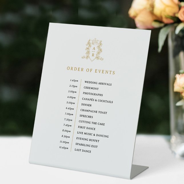 Order of events white gold crown monogram wedding pedestal sign (Creator Uploaded)