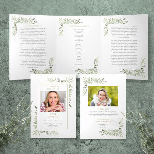 Order Of Service Greenery Funeral Memorial Tri-Fold Programme