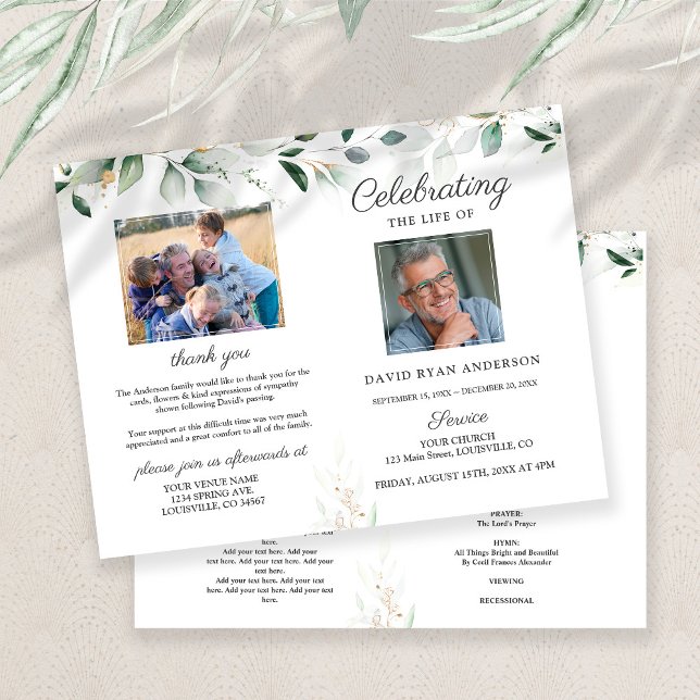 Order of Service Memorial Funeral Photo Program (Celebrating life memorial service, program memorial service greenery photo. funeral program)