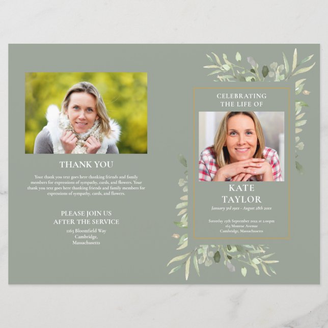 Order Of Service Sage Foliage Funeral Program (Front)