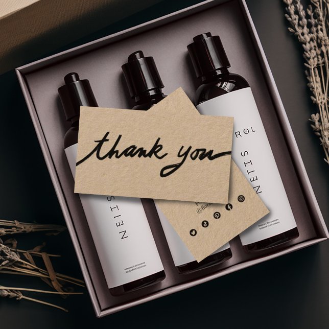 Order Thank You Custom Script Social Icons KRAFT Business Card (Black inky script Thank you note on kraft paper business cards with social media icons)