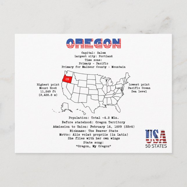 Oregon American state on a map and useful info Holiday Postcard (Front)
