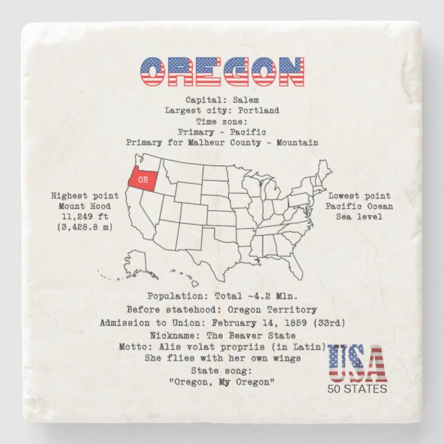 Oregon American state on a map and useful info Stone Coaster (Front)
