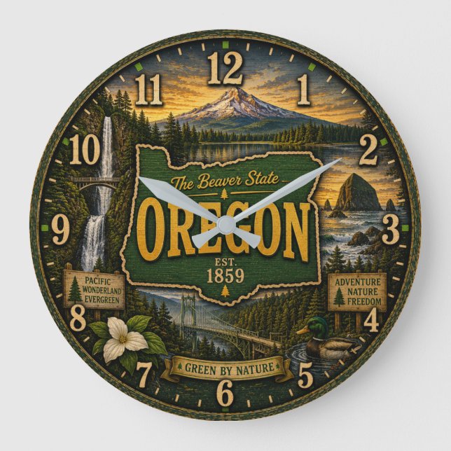 Oregon Beaver State Mountain  Coastal  Large Clock (Front)