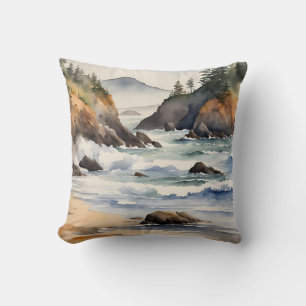 Oregon Coast Watercolor Beach Scene Cushion