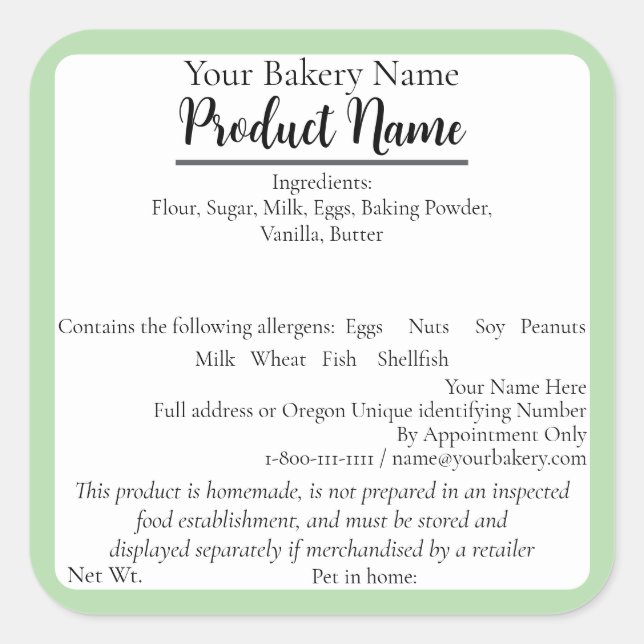 Oregon Cottage Food Business Green Baking Label (Front)