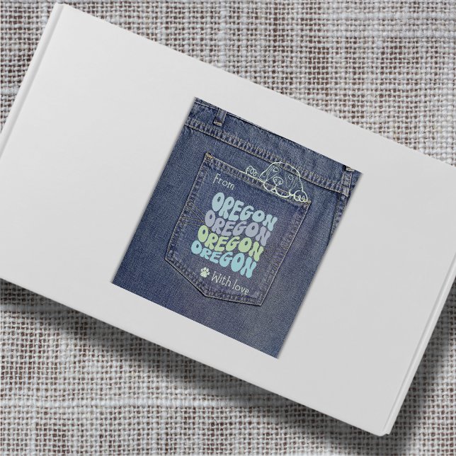 Oregon Dog in Jean Pocket Classic Square Sticker (Cute denim pocket sticker with a doggy peeking out. Use it on gifts, packages and envelopes!)