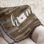 Oregon Home State Personalised Rustic Wood Look Throw Blanket<br><div class="desc">Show some home state pride with this cute rustic faux wood plank throw blanket featuring "home" in white calligraphy script lettering with a silhouette map of the state of Oregon standing in for the letter "O." A pink heart illustration inside the state map completes the design; you can change the...</div>
