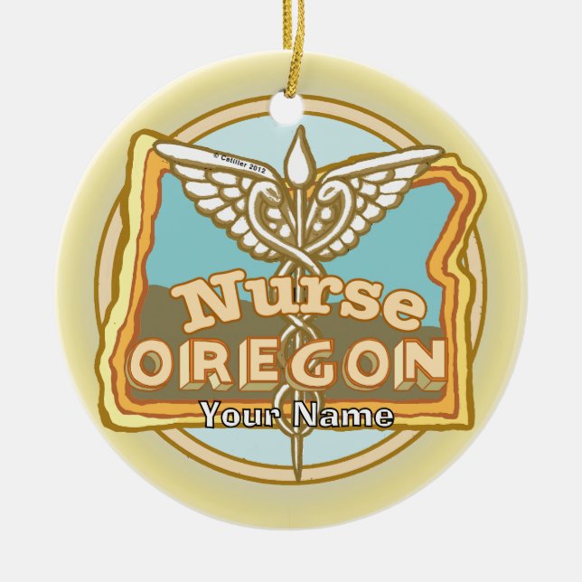Oregon Nurse Caduceus Ceramic Tree Decoration (Front)