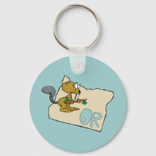 Oregon OR State Cartoon Map & Beaver Art Motto Key Ring