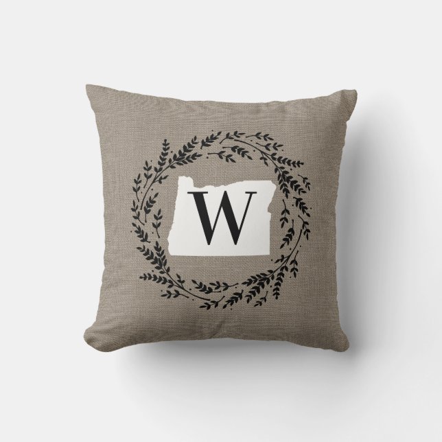 Oregon Rustic Wreath Monogram Throw Pillow (Front)