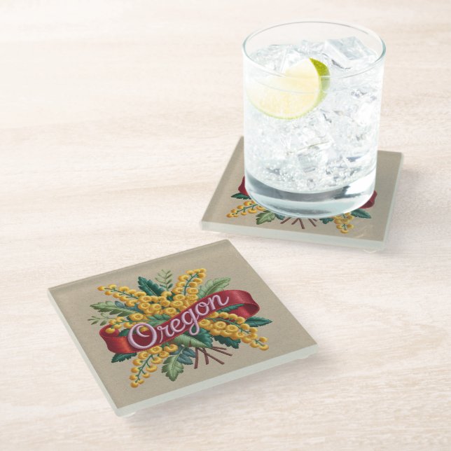 Oregon State Flowers Emblem Glass Coaster (Angled)
