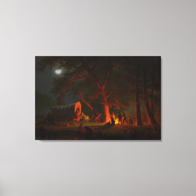 Oregon Trail Conestoga Wagon Moonlight Camp Fire  Canvas Print (Front)