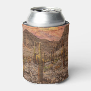 Organ Pipe Cactus On Wood Grain Sunset Photo Can Cooler