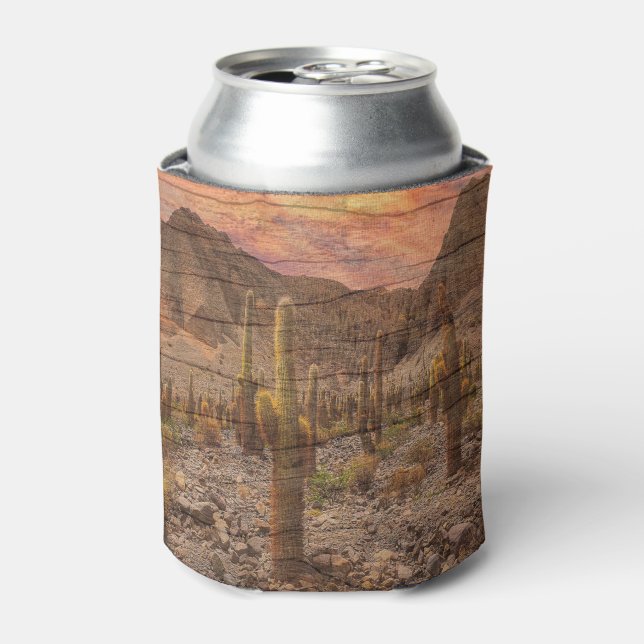 Organ Pipe Cactus On Wood Grain Sunset Photo Can Cooler (Can Front)