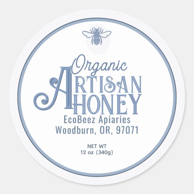 Organic ARTISAN HONEY Rustic Farmhouse Blue Bee  Classic Round Sticker (Front)