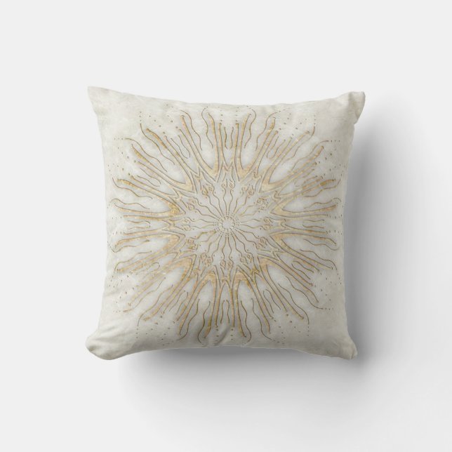 Organic boho style sunburst mandala golden white cushion (Front)