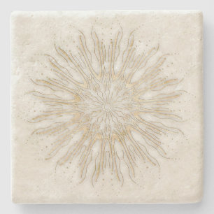 Organic boho style sunburst mandala golden white stone coaster