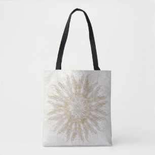 Organic boho style sunburst mandala golden white tote bag