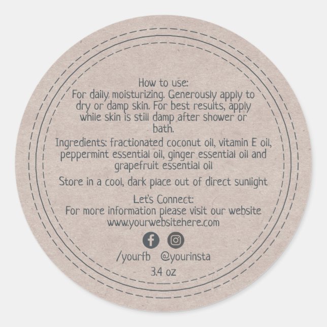 Organic Business Beauty Product Ingredients Kraft  Classic Round Sticker (Front)