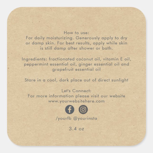 Organic Business Beauty Product Ingredients Kraft  Square Sticker (Front)
