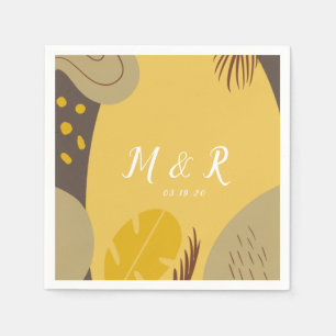 Organic Collage Monstera Wedding Earth Tone Yellow Napkin