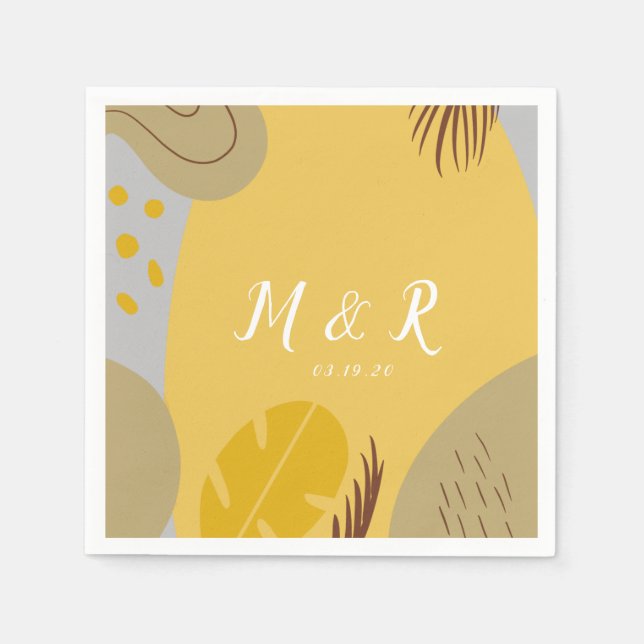 Organic Collage Monstera Wedding Earth Tone Yellow Napkin (Front)