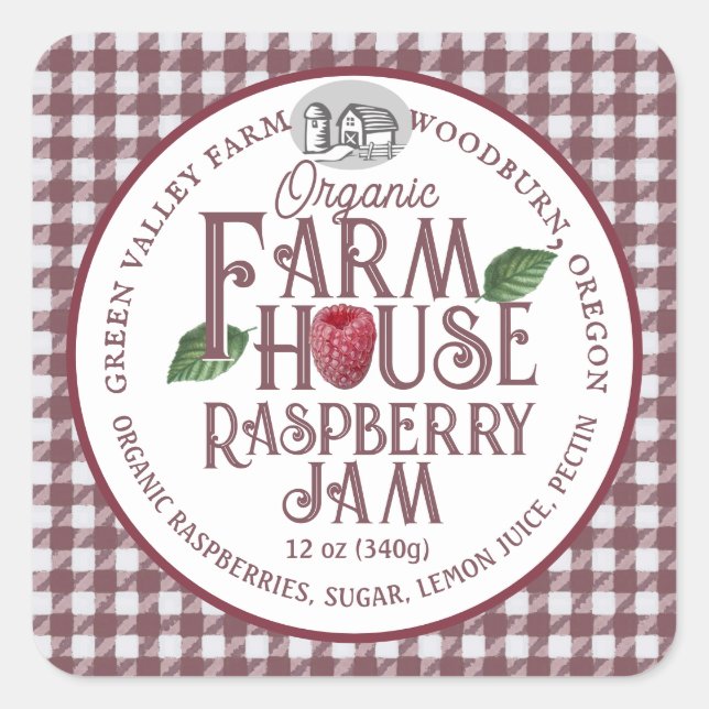 Organic Farmhouse Raspberry Jam Red Gingham Label (Front)