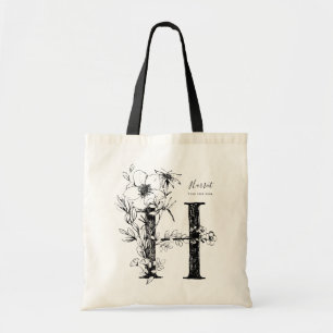 Organic floral handrawn Letter H monogrammed Tote Bag