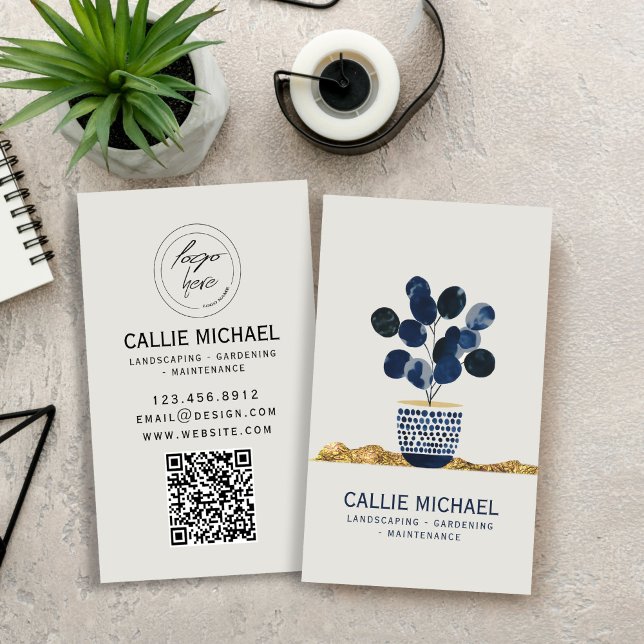 Organic Floral Shapes Gold Foil Business Card (Organic Floral Shapes Gold Foil #nature #moderbusinesscard #navybluegold #addlogo #qrcode)