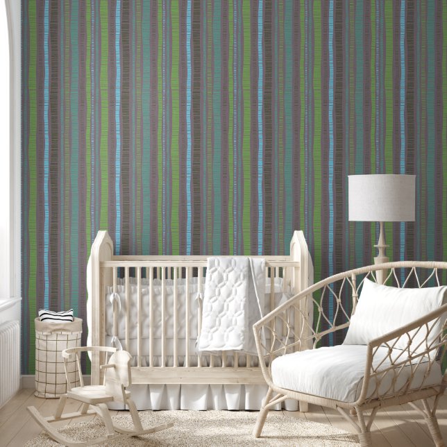 Organic Green Blue Vertical Boho Stripes Wallpaper (Kids)