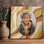 Organic Line Abstract Art - 1 Photo - Honey Colour Tile<br><div class="desc">An organic abstract line art with warm yellow and brown colours. The modern design highlights your favourite photo. It also includes a simple font for the name and an abstract art pattern. If you need to move anything around,  click on the customise button to make changes.</div>
