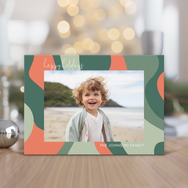 Organic Line Abstract Art - 1 Photo Jade Coral Holiday Card (Organic curved lines and abstract art make a non-traditional holiday card with 1 photo.)