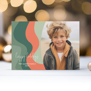 Organic Line Abstract Art - 1 Photo Jade Tangerine Holiday Card