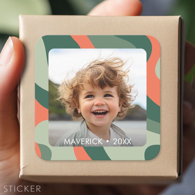 Organic Line Abstract Art - 1 Photo Jade Tangerine Square Sticker (Custom Sticker - Personalize with your info for a party favor or gift)
