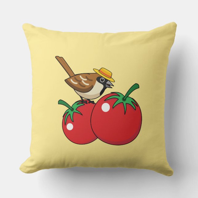 Organic Lover Sparrow Eating Red Tomato Cushion (Front)