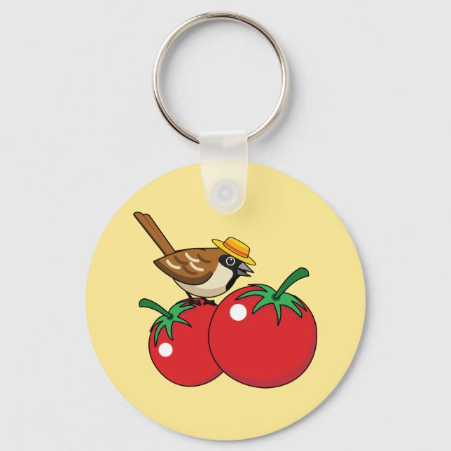 Organic Lover Sparrow Eating Red Tomato Key Ring (Front)