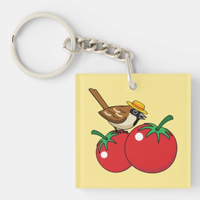 Organic Lover Sparrow Eating Red Tomato Key Ring (Front)