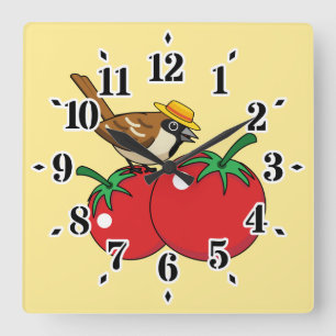 Organic Lover Sparrow Eating Red Tomato Square Wall Clock