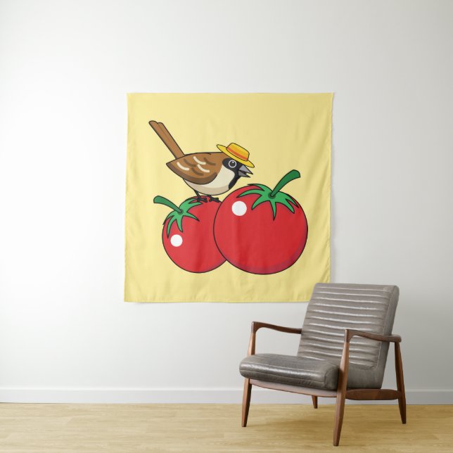 Organic Lover Sparrow Eating Red Tomato Tapestry (In Situ)