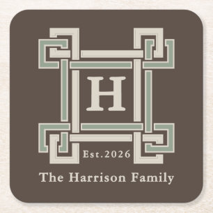 Organic Modern Sage Chocolate Monogrammed Square Paper Coaster