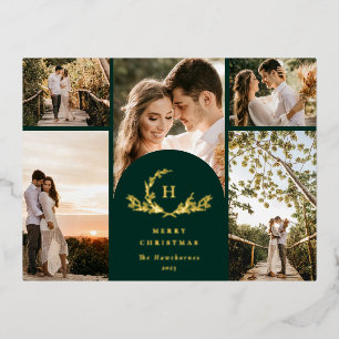 Organic Monogram 5 Photo Foil Holiday Postcard