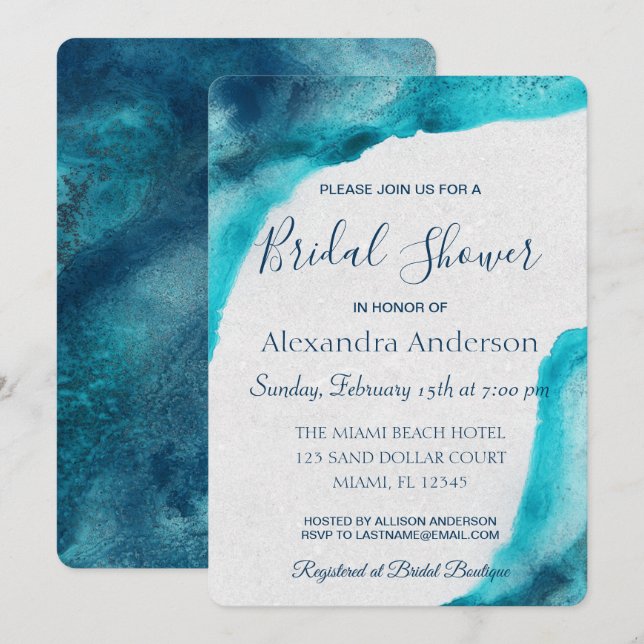 Organic Ocean Blue Watercolor Bridal Shower Invite (Front/Back)
