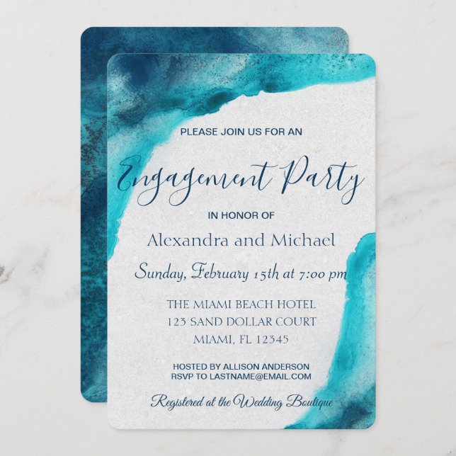 Organic Ocean Blue Watercolor Engagement Party Invitation (Front/Back)