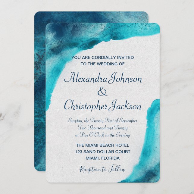 Organic Ocean Blue Watercolor Wedding Invitation (Front/Back)