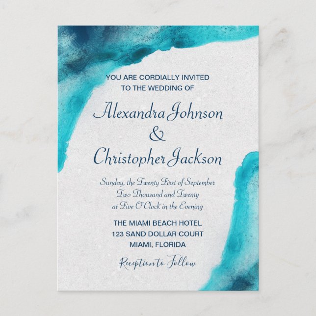 Organic Ocean Blue Watercolor Wedding Invitation (Front)