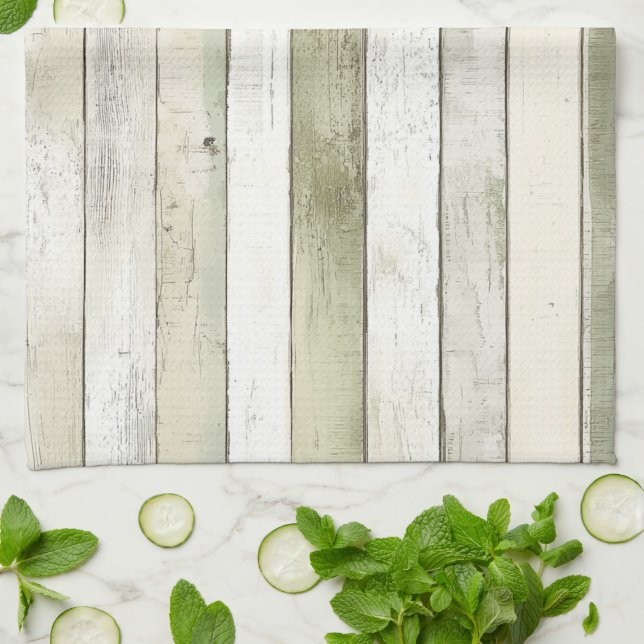 Organic Olive Ivory Faux Wood Stripes Christmas Tea Towel (Folded)