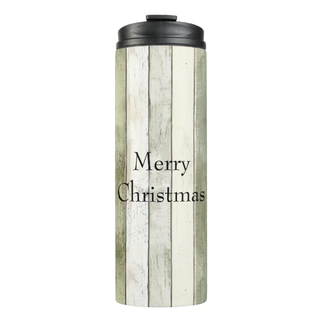 Organic Olive Ivory Faux Wood Stripes Christmas Thermal Tumbler (Front)